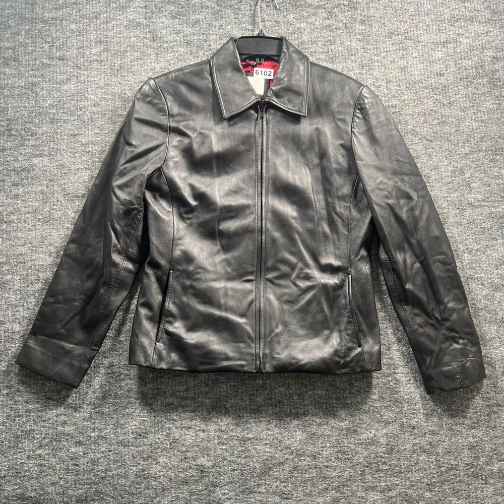 Worthington Black Genuine Lambskin Leather Zip Jacket Red Lining Womens Medium
